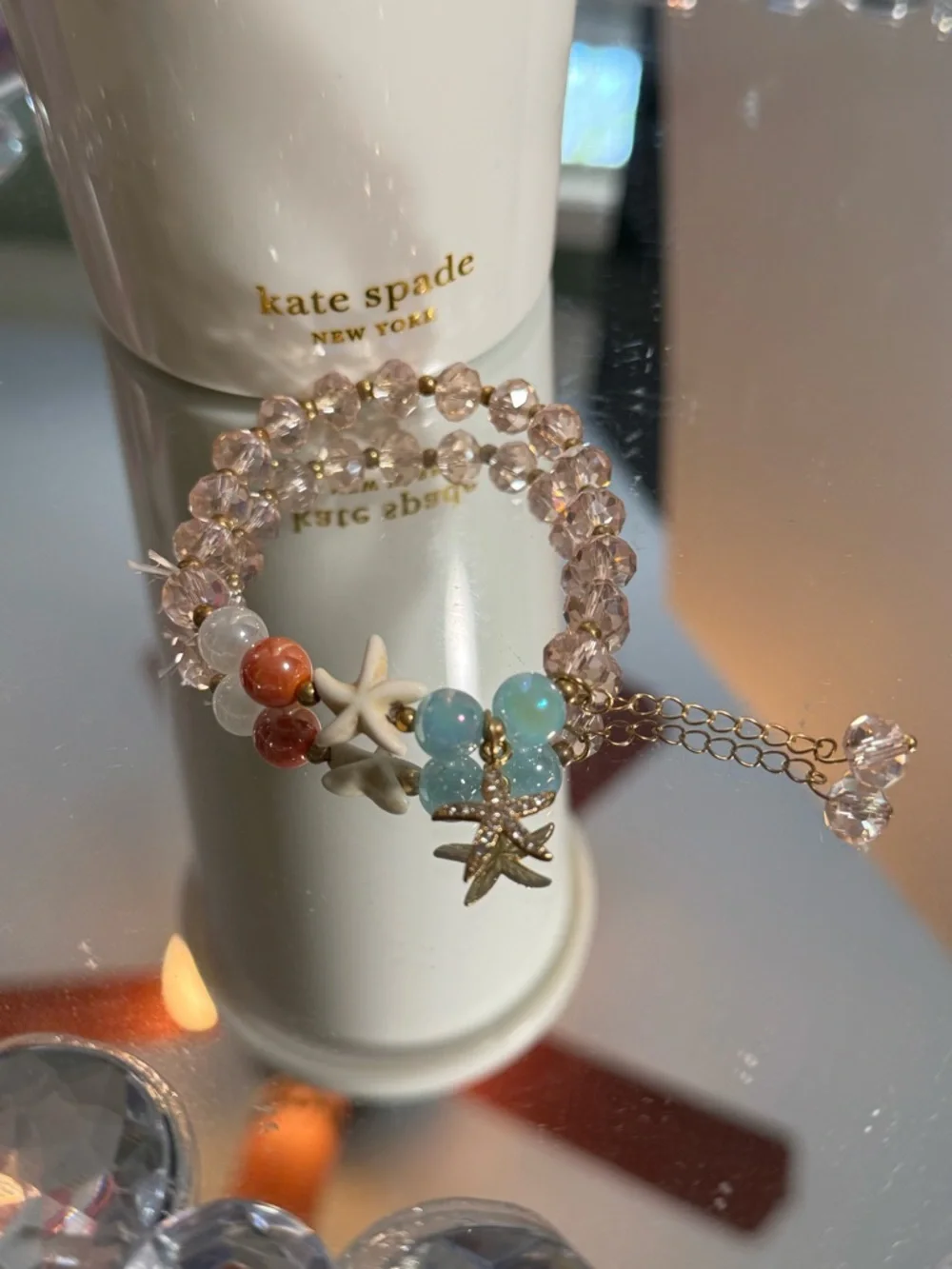 kate spade White travel tumbler with straw & glass beaded bracelet.NWOT - Picture 3 of 7